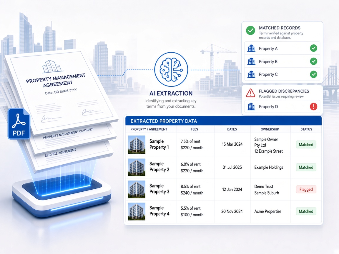 Property management due diligence automation: documents scanned, AI field extraction, and matched property records